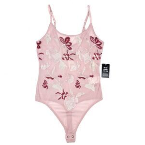 NWT Express Sheer Floral Embroidered Mesh Thong Bodysuit in Mauve Pink Womens XS